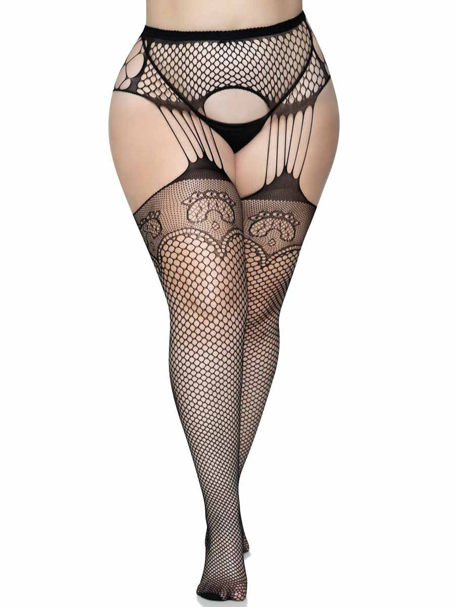 LA1063X - Plus Size Industrial Net Stocking with attached Garterbelt