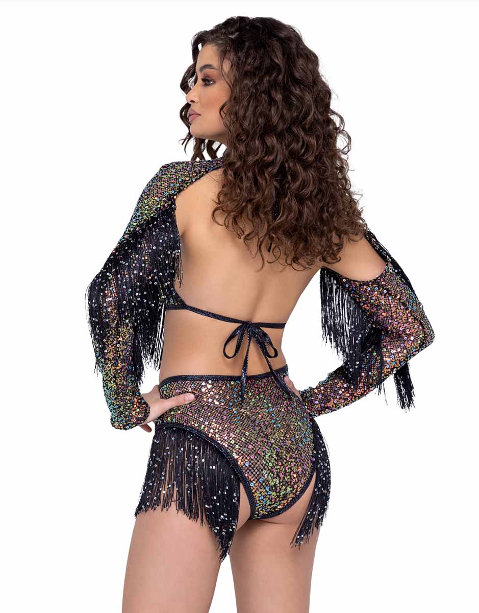 R-6222 - Sequin Fishnet Shrug with Sequin Fringe Detail Shrugs Roma