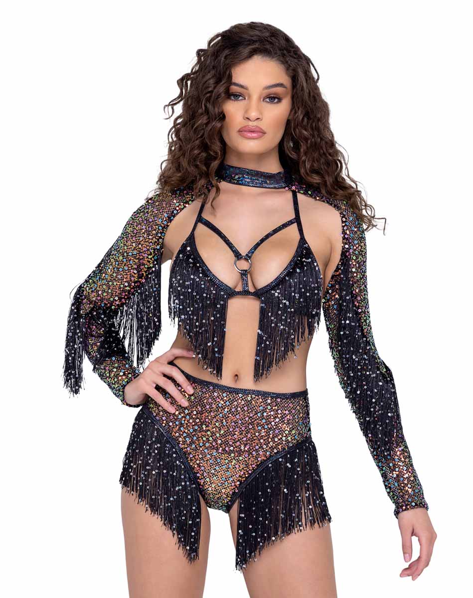 R-6222 - Sequin Fishnet Shrug with Sequin Fringe Detail Shrugs Roma Black S