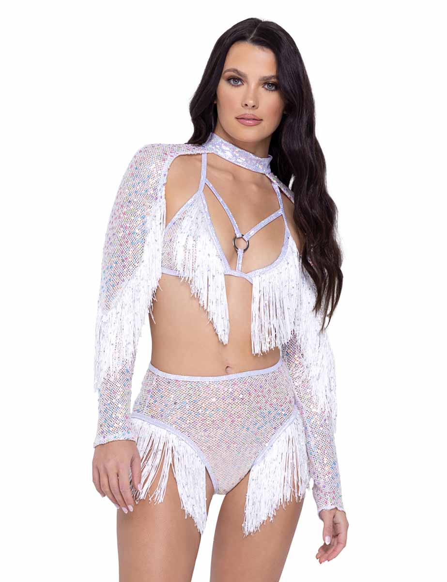 R-6222 - Sequin Fishnet Shrug with Sequin Fringe Detail Shrugs Roma White S