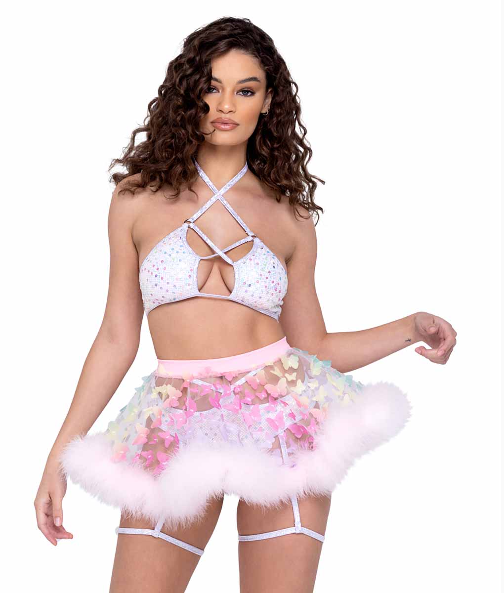 R-6232 - Sequin Fishnet High Waisted Thong  with Attached Garter Shorts Roma