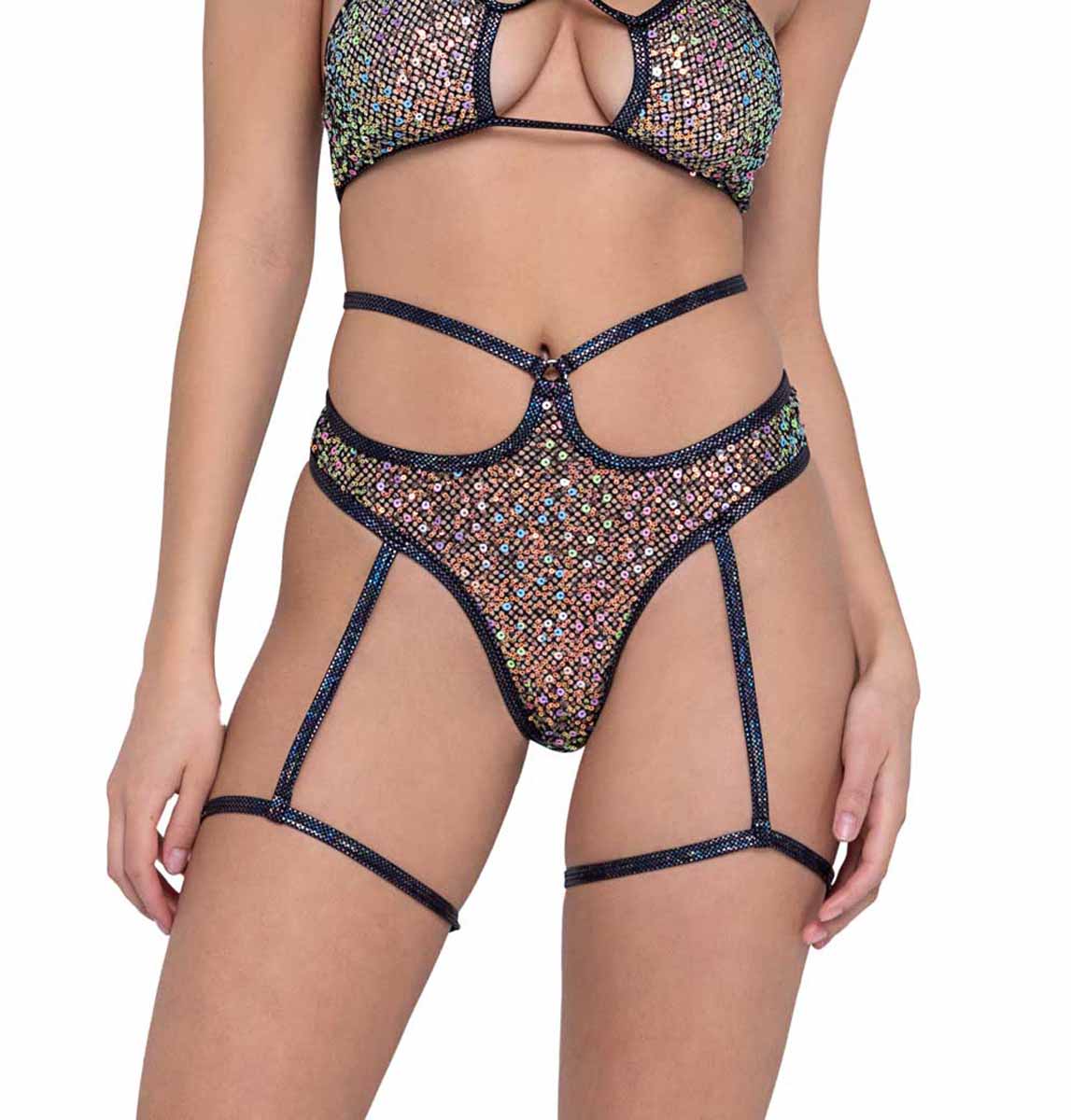 R-6232 - Sequin Fishnet High Waisted Thong  with Attached Garter Shorts Roma Black S