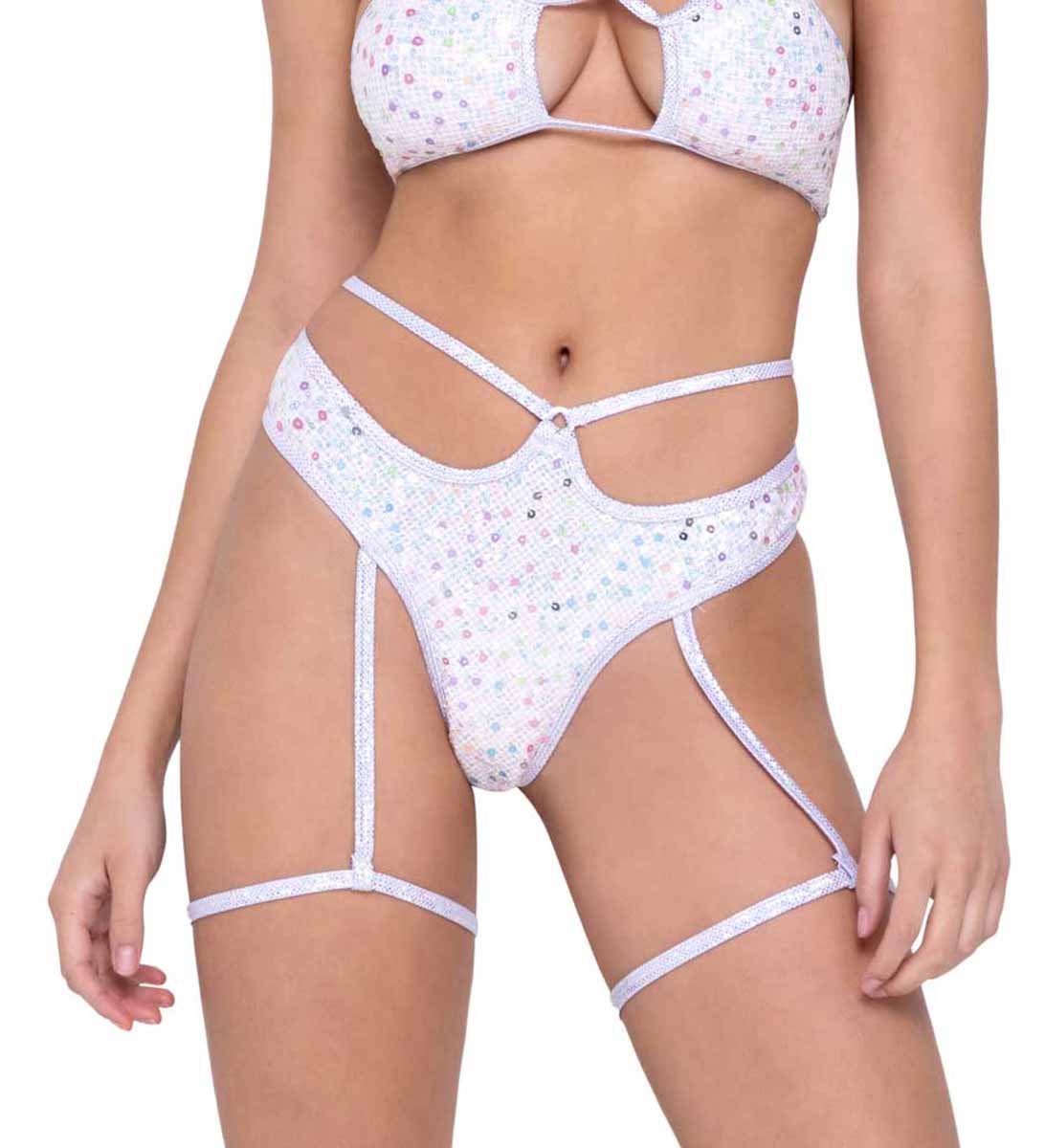 R-6232 - Sequin Fishnet High Waisted Thong  with Attached Garter Shorts Roma White S