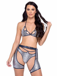 R-6318 - Snake Skin Thong Back Shorts with Strap Detail By Roma
