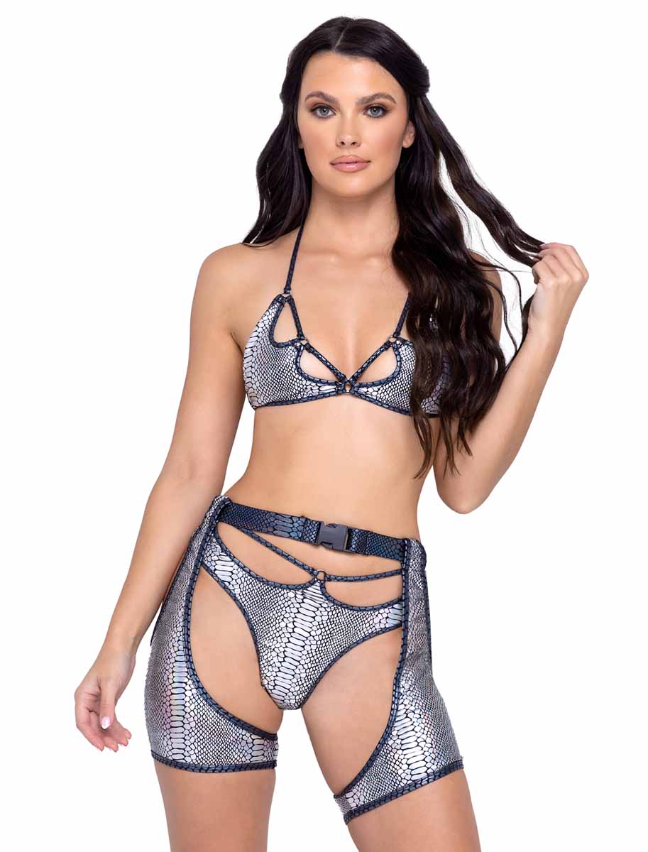 R-6318 - Snake Skin Thong Back Shorts with Strap Detail By Roma