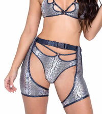 R-6318 - Snake Skin Thong Back Shorts with Strap Detail With Set