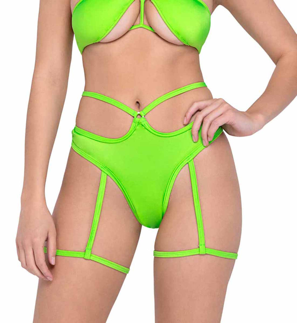 R-6323 - Green Thong Back Shorts with Attached Leg-Straps