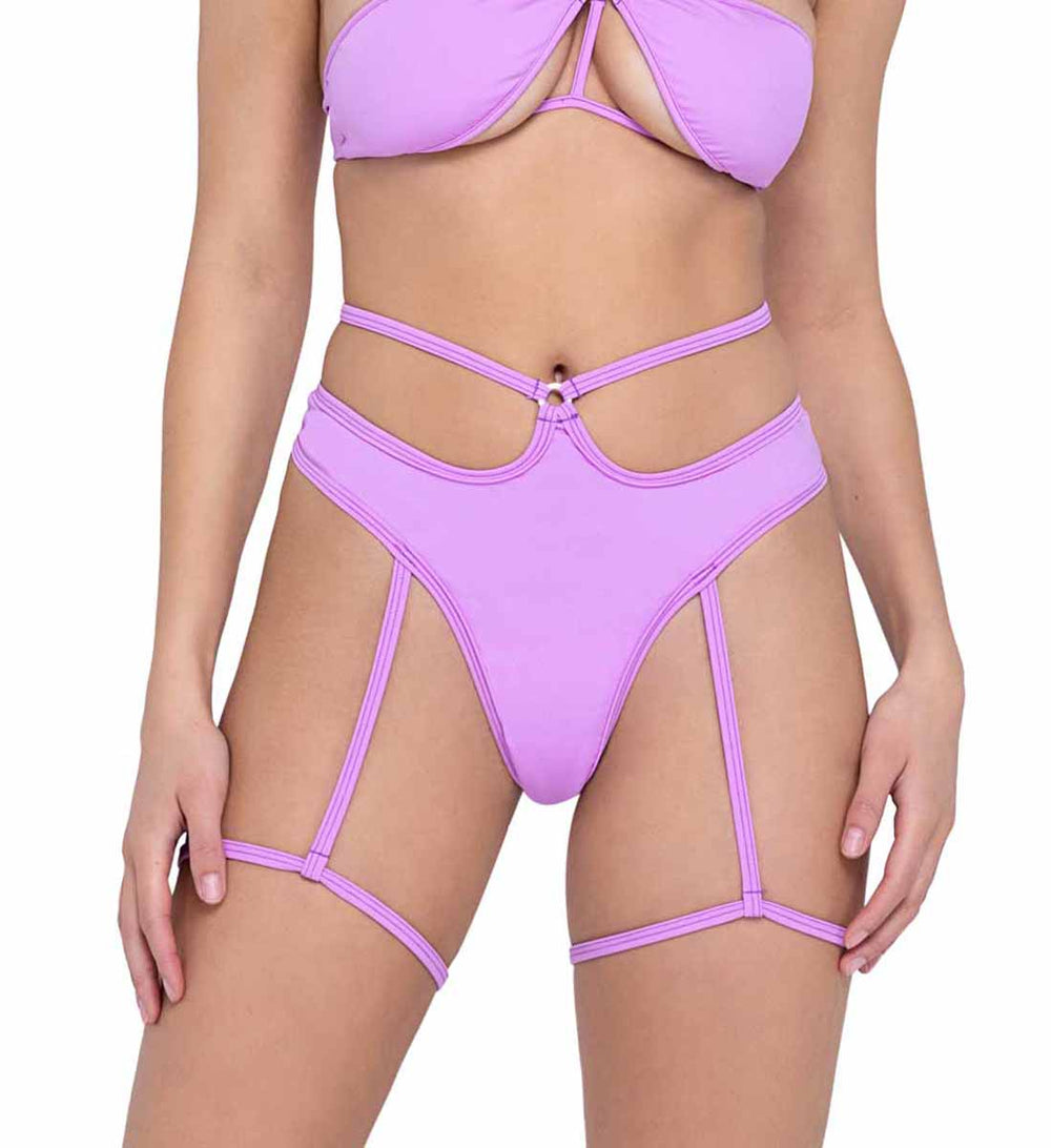 R-6323 - Lavender Thong Back Shorts with Attached Leg-Straps