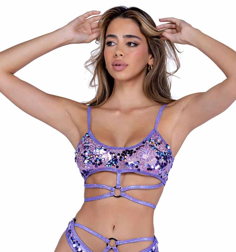 R-6418 Lavender Sequin Cropped Top with Strap Detail