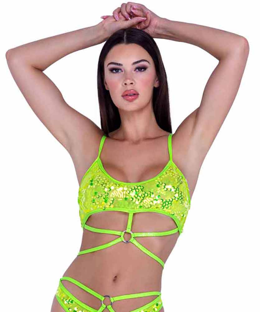 R-6418 Neon Yellow Sequin Cropped Top with Strap Detail