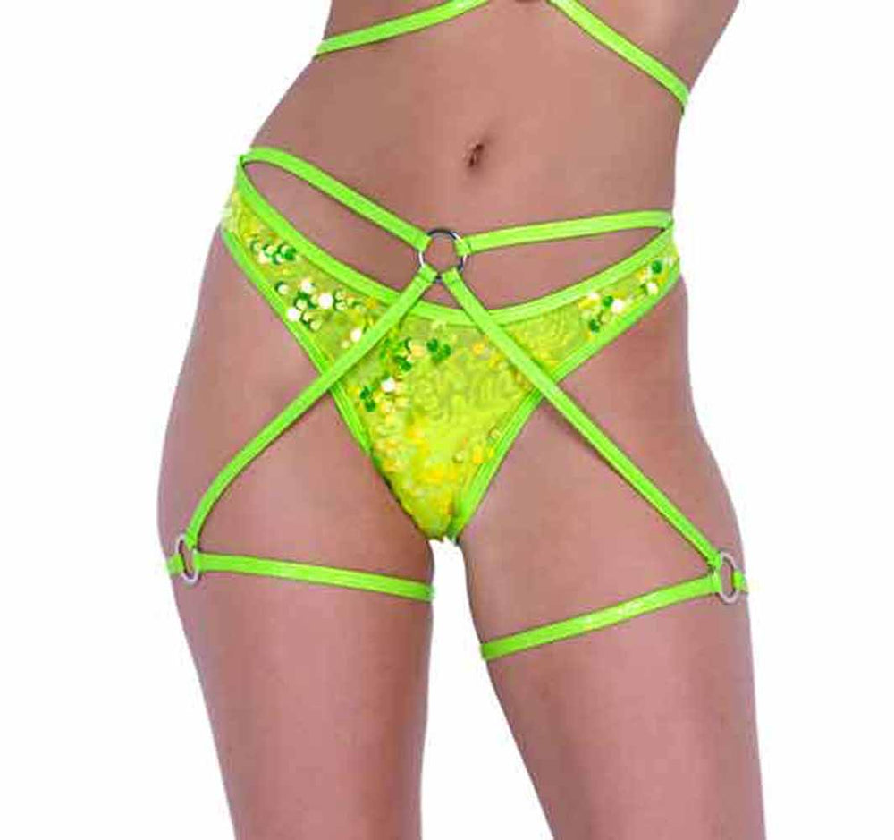 R-6419 Neon Yellow Sequin Shorts with Attached Strappy Detail