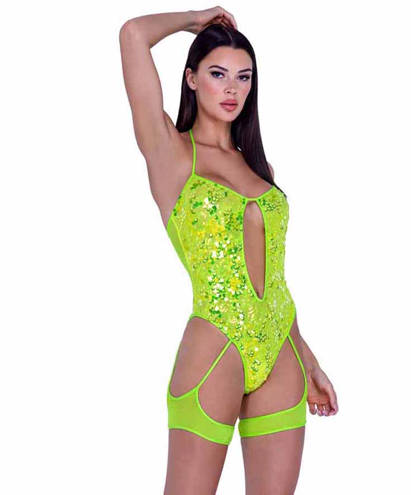 R-6420 Neon Yellow Sequin Keyhole Romper with Leg Wrap