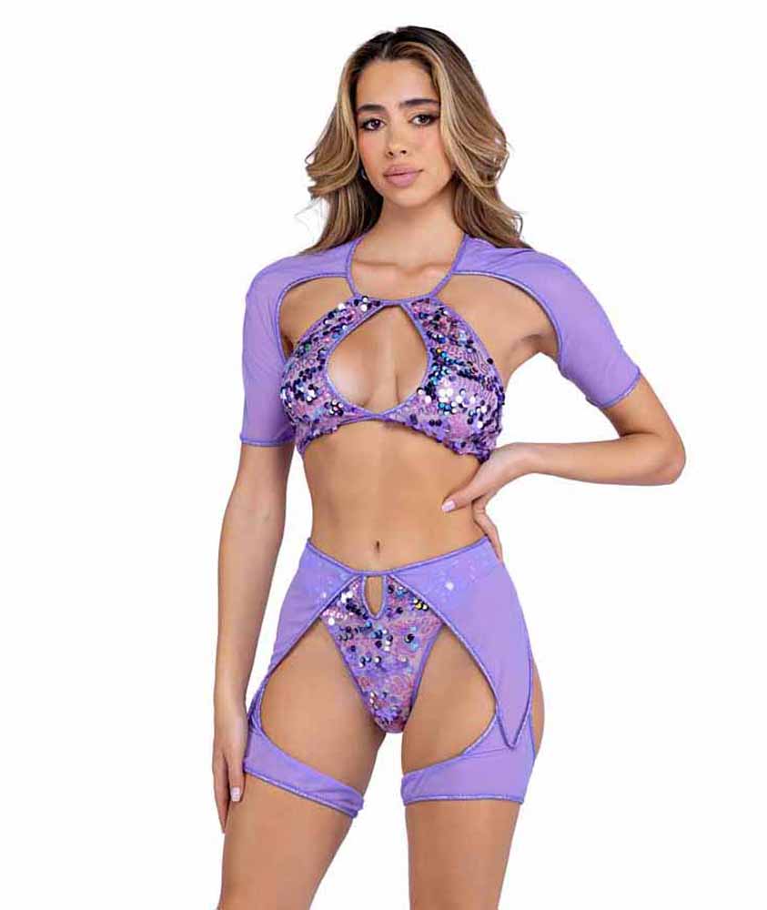 R-6421 Lavender Sequin Top with Mesh Sleeves