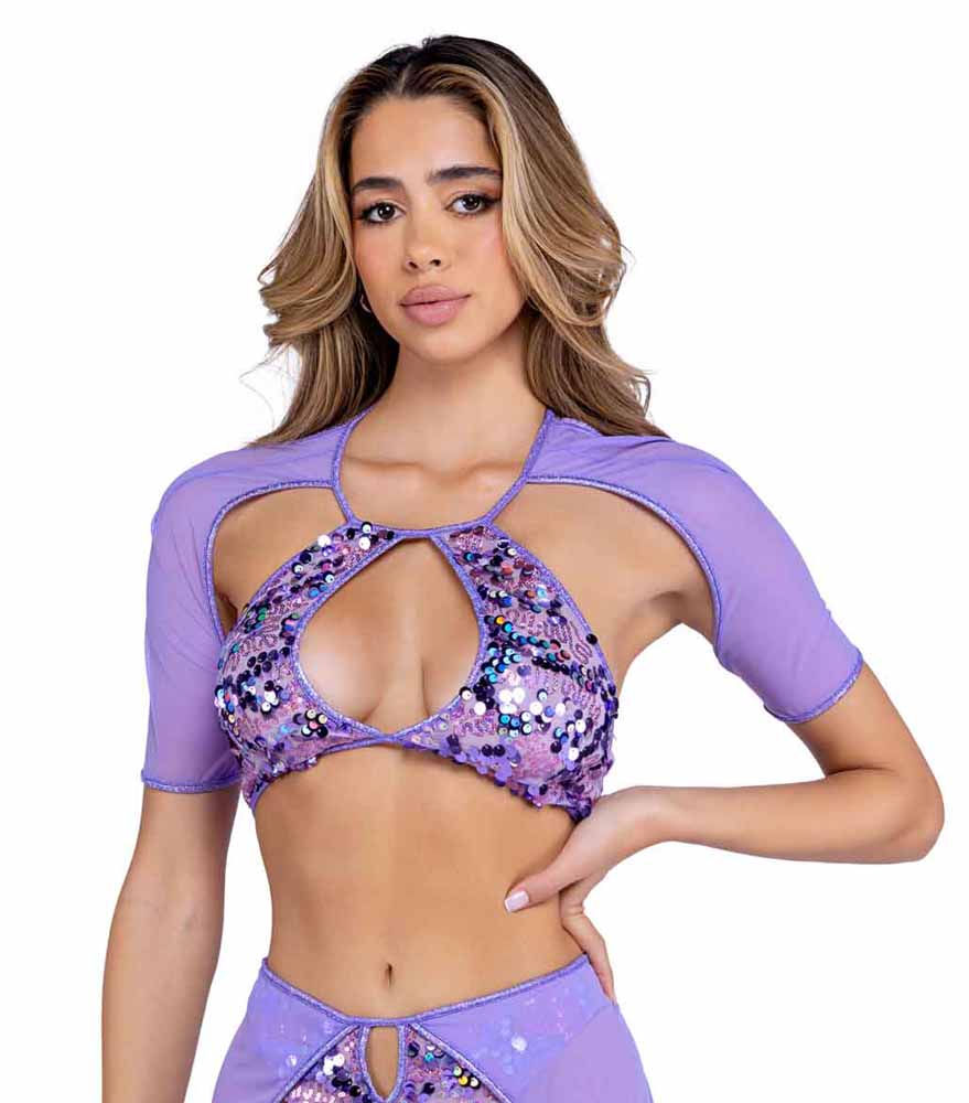 R-6421 Lavender Sequin Top with Mesh Sleeves