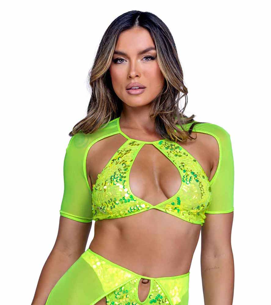 R-6421 Neon Green Sequin Top with Mesh Sleeves