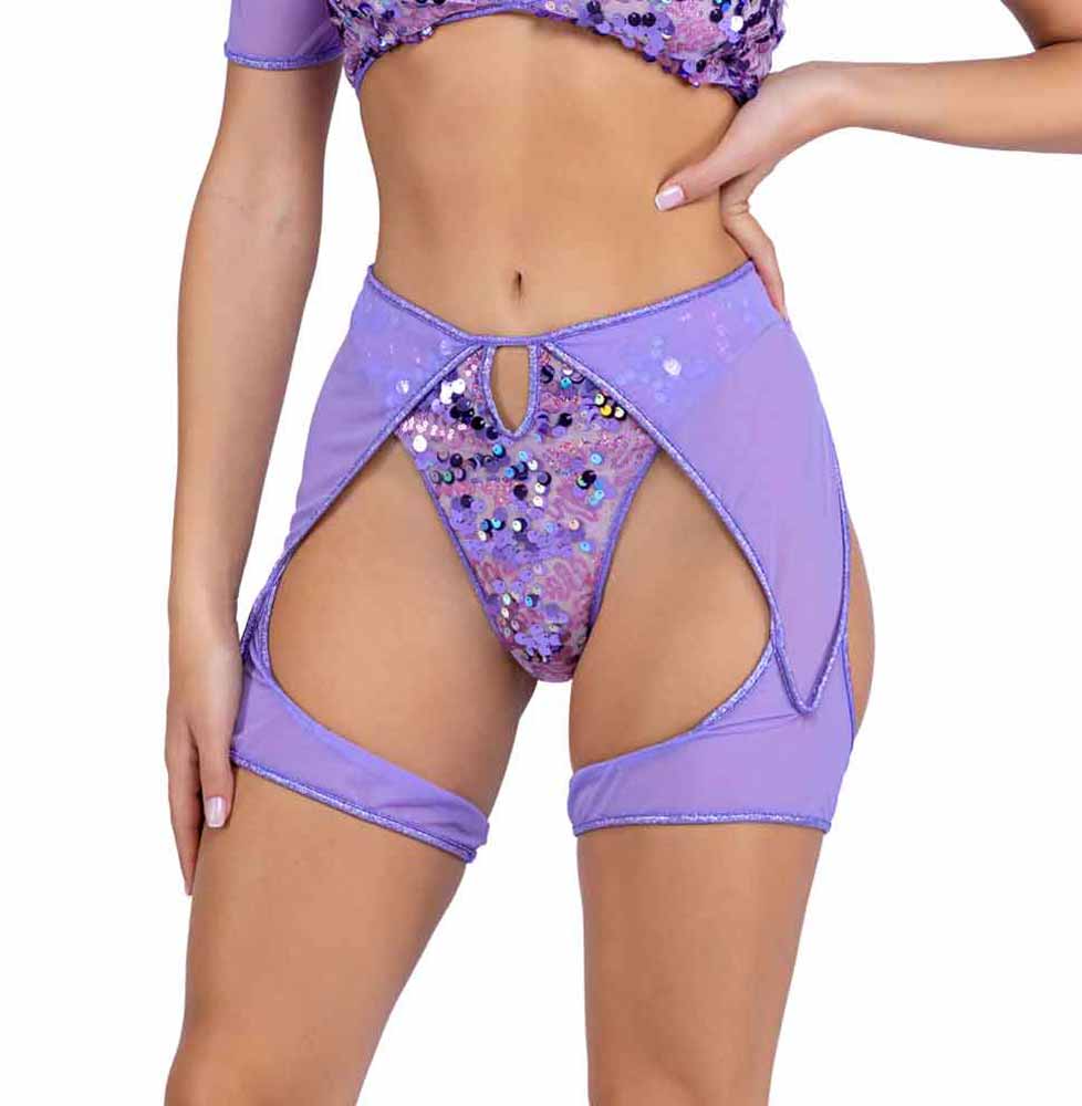 R-6422 Lavender Sequin Shorts with mesh Chaps