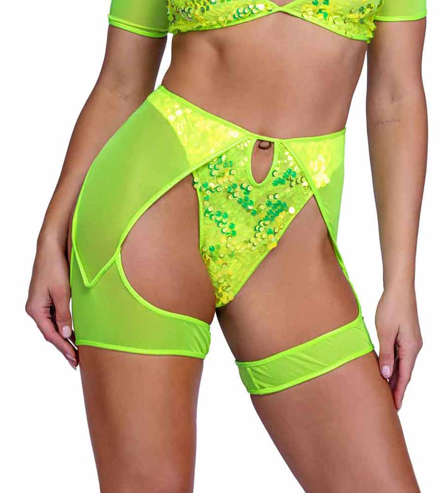 R-6422 Neon Yellow Sequin Shorts with Mesh Chaps