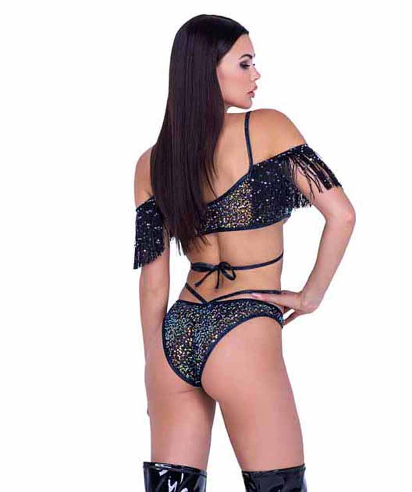 R-6438 Black Sequin Fishnet Strappy Shorts with Puckered Back