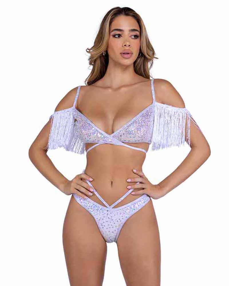 R-6437  White Sequin Fishnet Top with Fringe