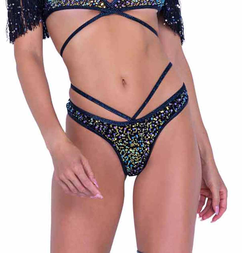 R-6438 Black Sequin Fishnet Strappy Shorts with Puckered Back