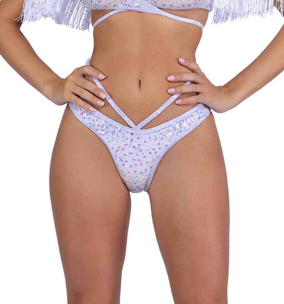 R-6438 White Sequin Fishnet Strappy Shorts with Puckered Back