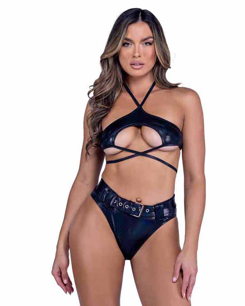 R-6439 Black Shimmer Top with Underboob Cutout