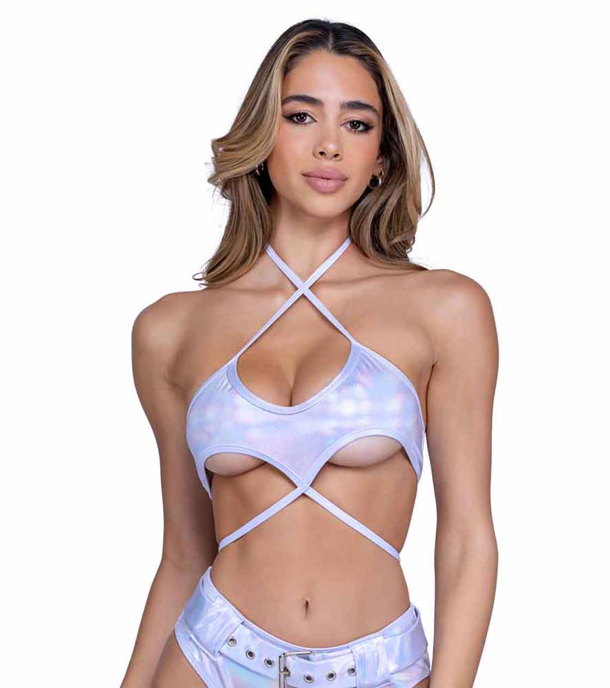 R-6439 White Shimmer Top with Underboob Cutout