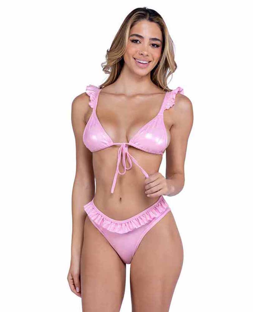 R-6445 Baby Pink Metallic Bikini Top with Ruffle
