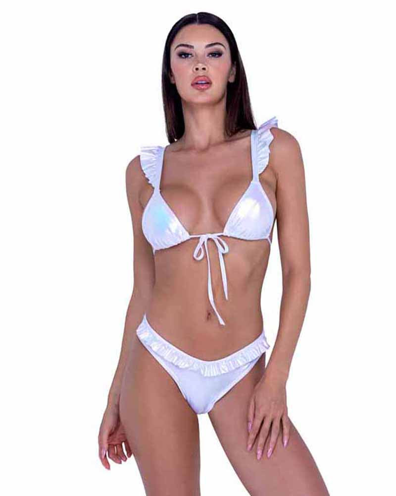 R-6445 White Metallic Bikini Top with Ruffle