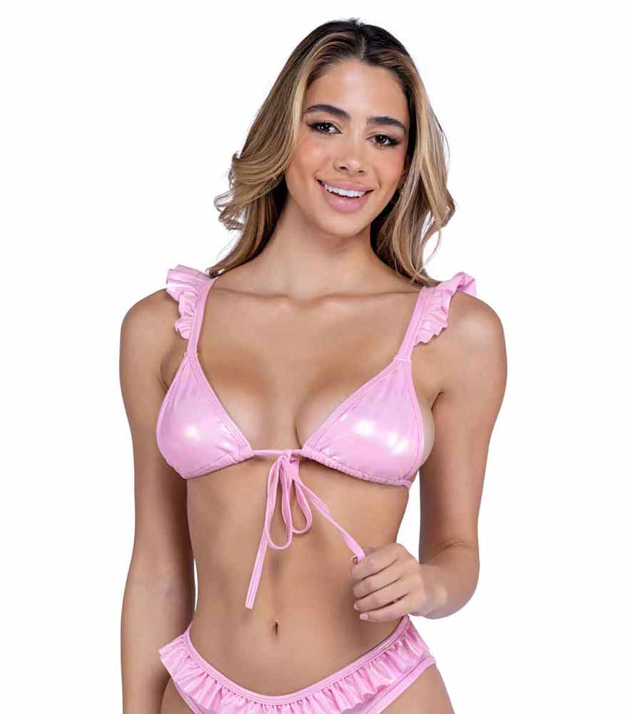 R-6445 Baby Pink Metallic Bikini Top with Ruffle