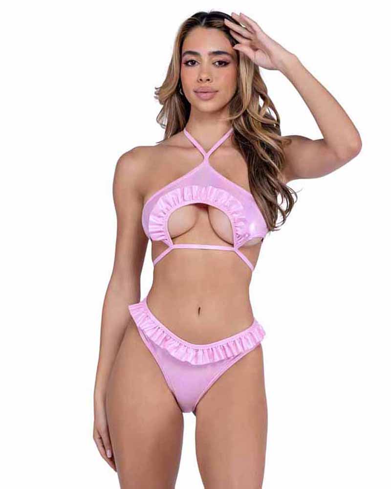R-6447 Baby Pink Ruffled Top with Underboob Cutout