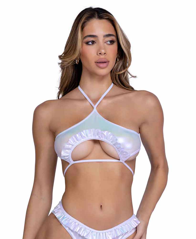 R-6447 White Ruffled Top with Underboob Cutout