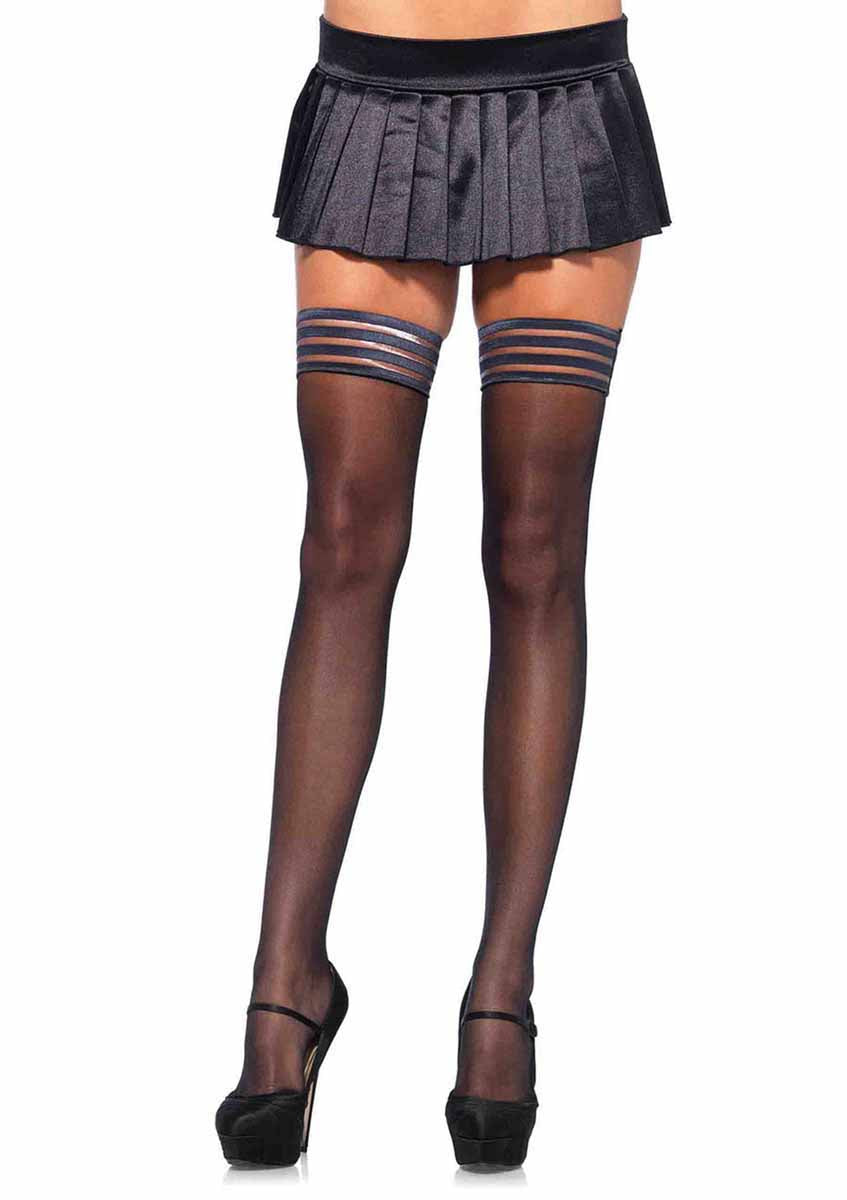 LA1068 - Sheer Thigh High with Stripe Stockings Leg Avenue Black One Size 