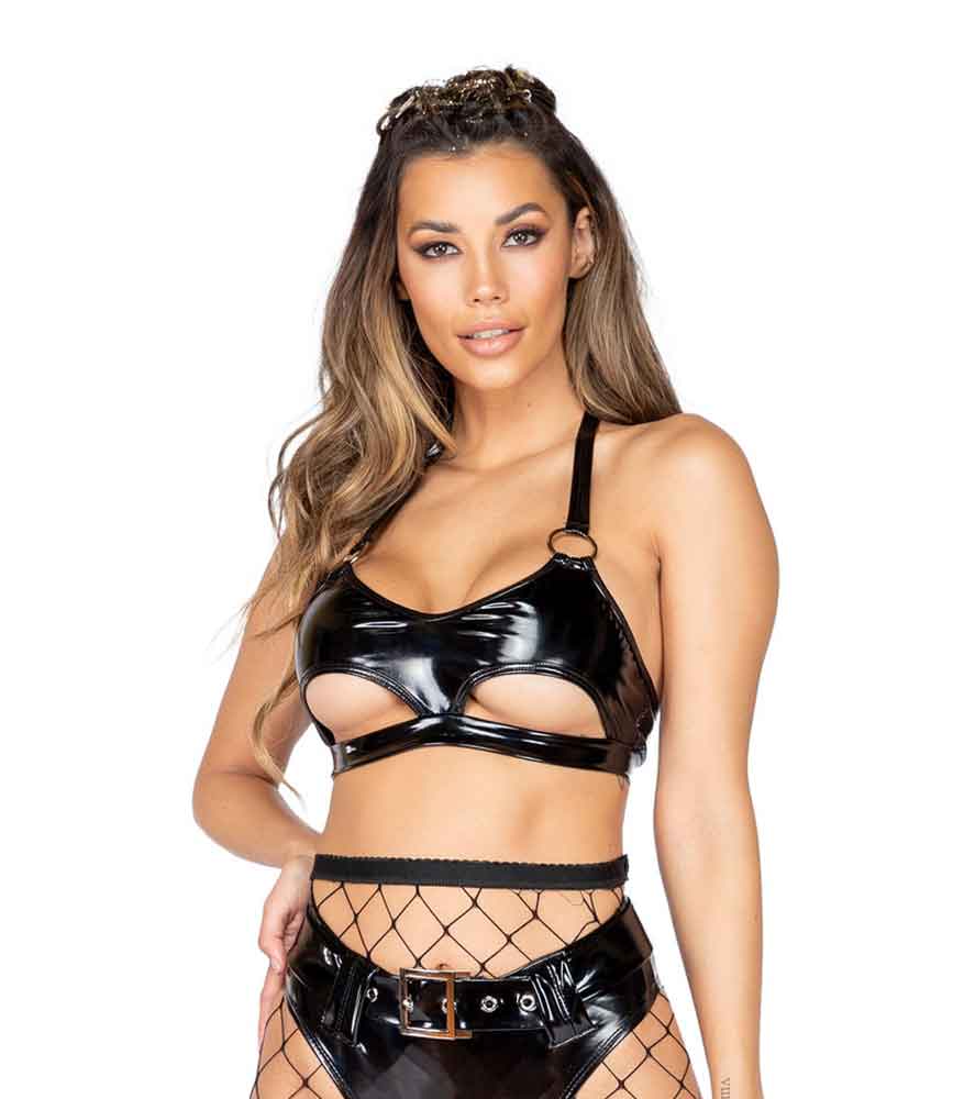 R-3885 Latex Crop Top With Under Boob Cutout & Ring Detail Tops Roma   