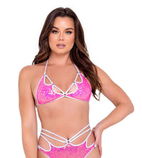 R-6094 KeyHole Sequin Bikini Tie-Top Tops Roma Hot Pink S 