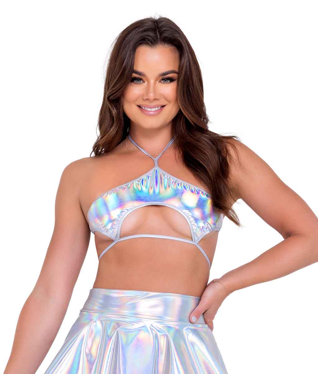 R-6111 Holographic Keyhole Tie-Top Tops Roma   