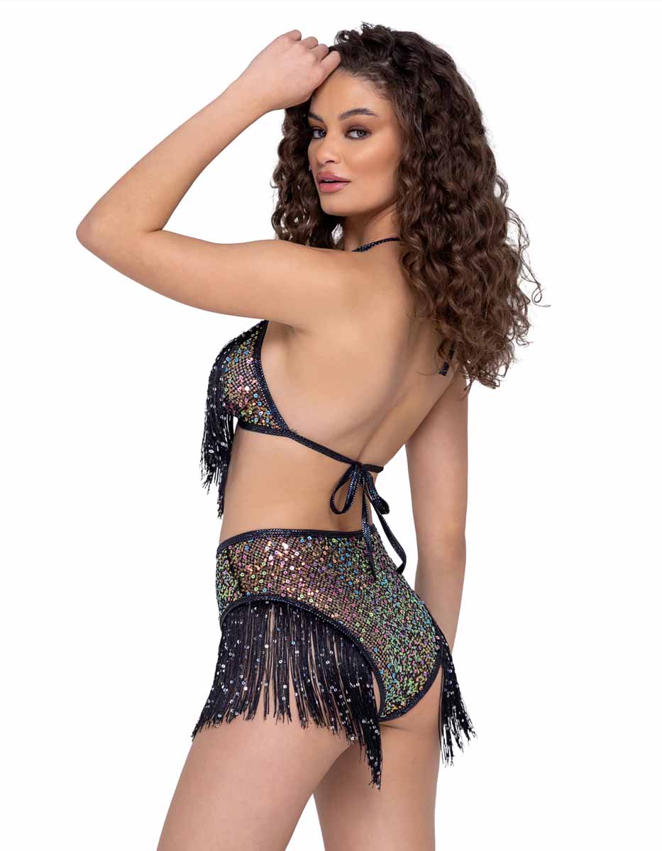 R-6221 - Sequin with Fringe High Waisted Shorts