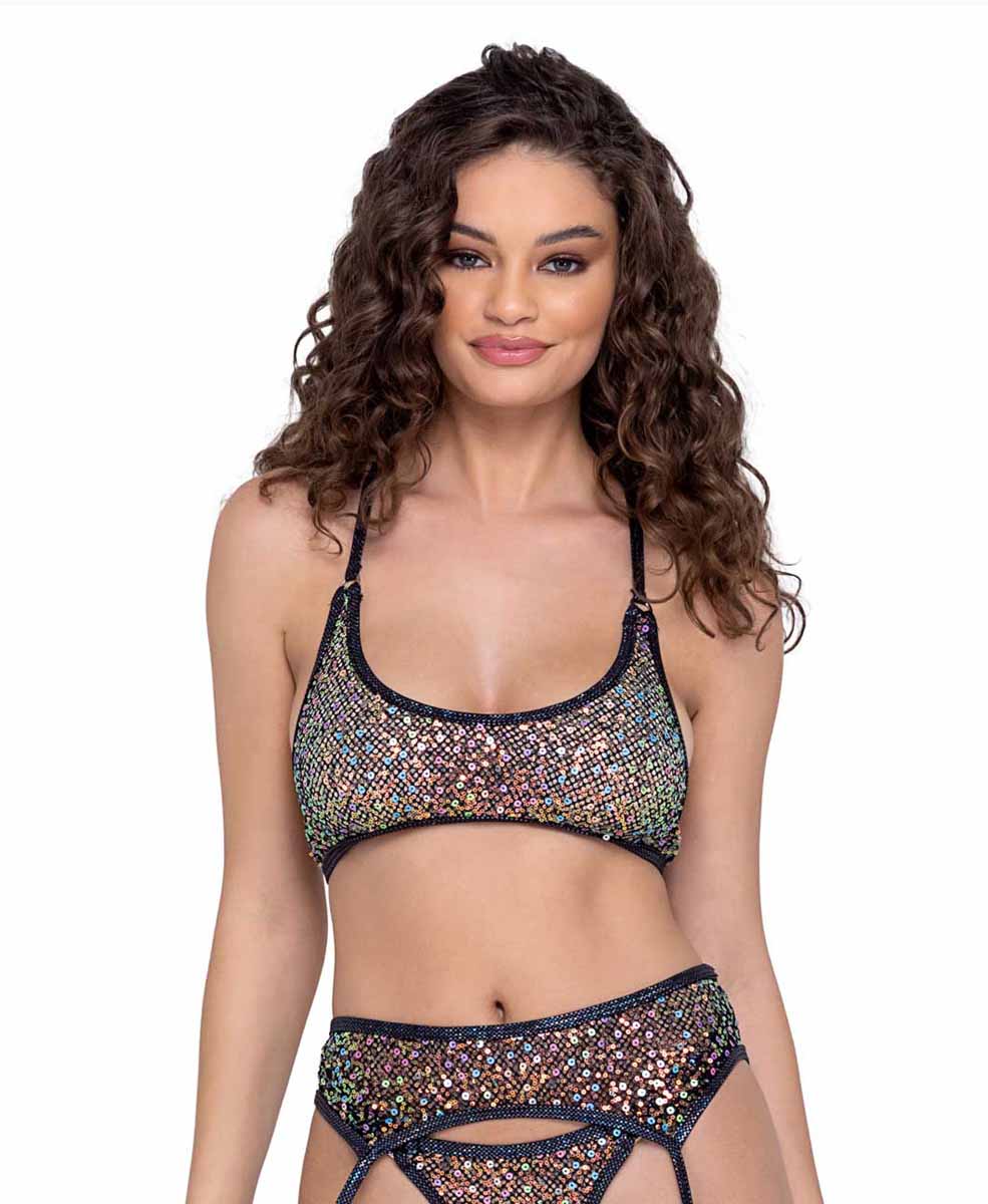 R-6229 - Sequin Fishnet Cropped Tie Top