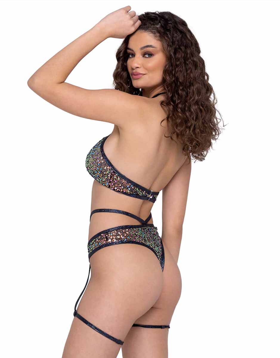 R-6232 - Sequin Fishnet High Waisted Thong  with Attached Garter