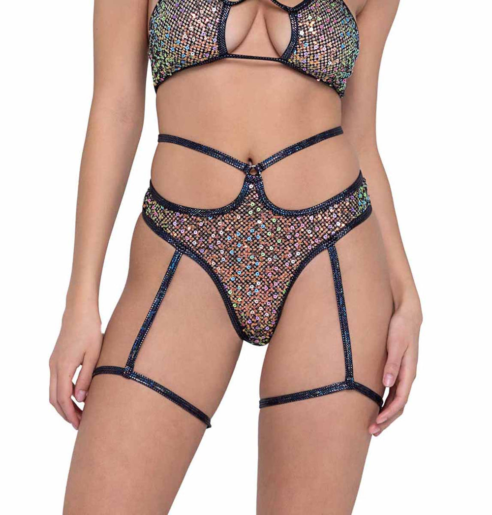 R-6232 - Sequin Fishnet High Waisted Thong  with Attached Garter