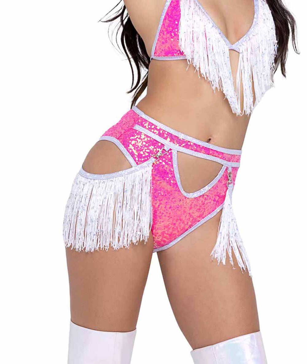 R-6240 - Sequin High-Waisted Shorts with Fringe Detail