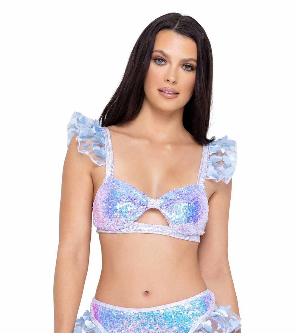 Sequin Keyhole Top with Butterfly Ruffle Trim