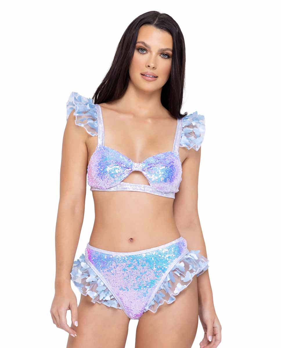 Roma Sequin Keyhole Top with Butterfly Ruffle Trim