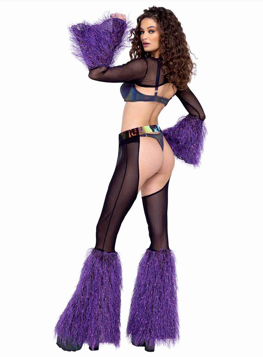 R-6248 Black Sheer Chaps with Purple Fur Bell Chaps Roma   