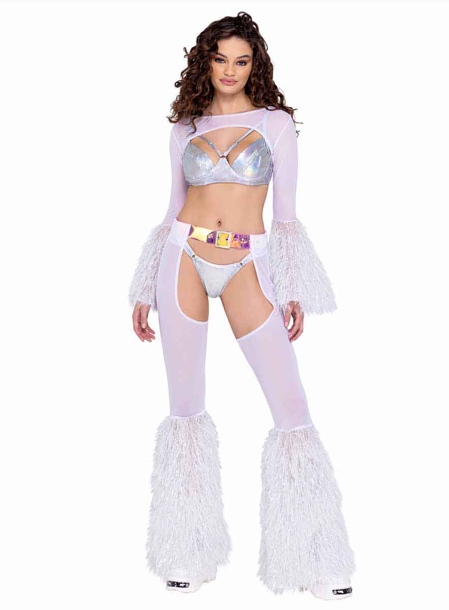 R-6248 White Sheer Chaps with Faux Fur Bell Chaps Roma   