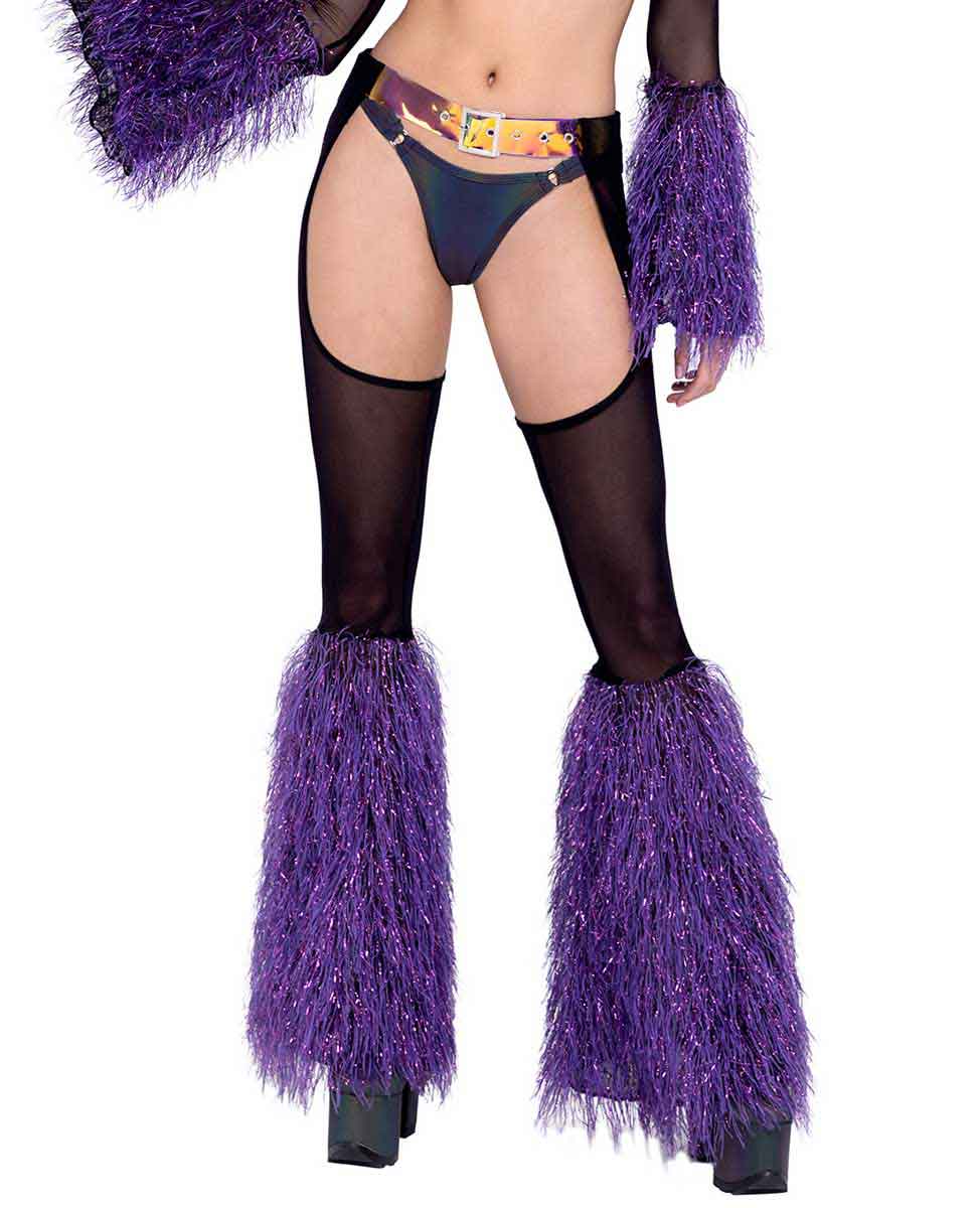 R-6248 Black Sheer Chaps with Purple Fur Bell Chaps Roma   