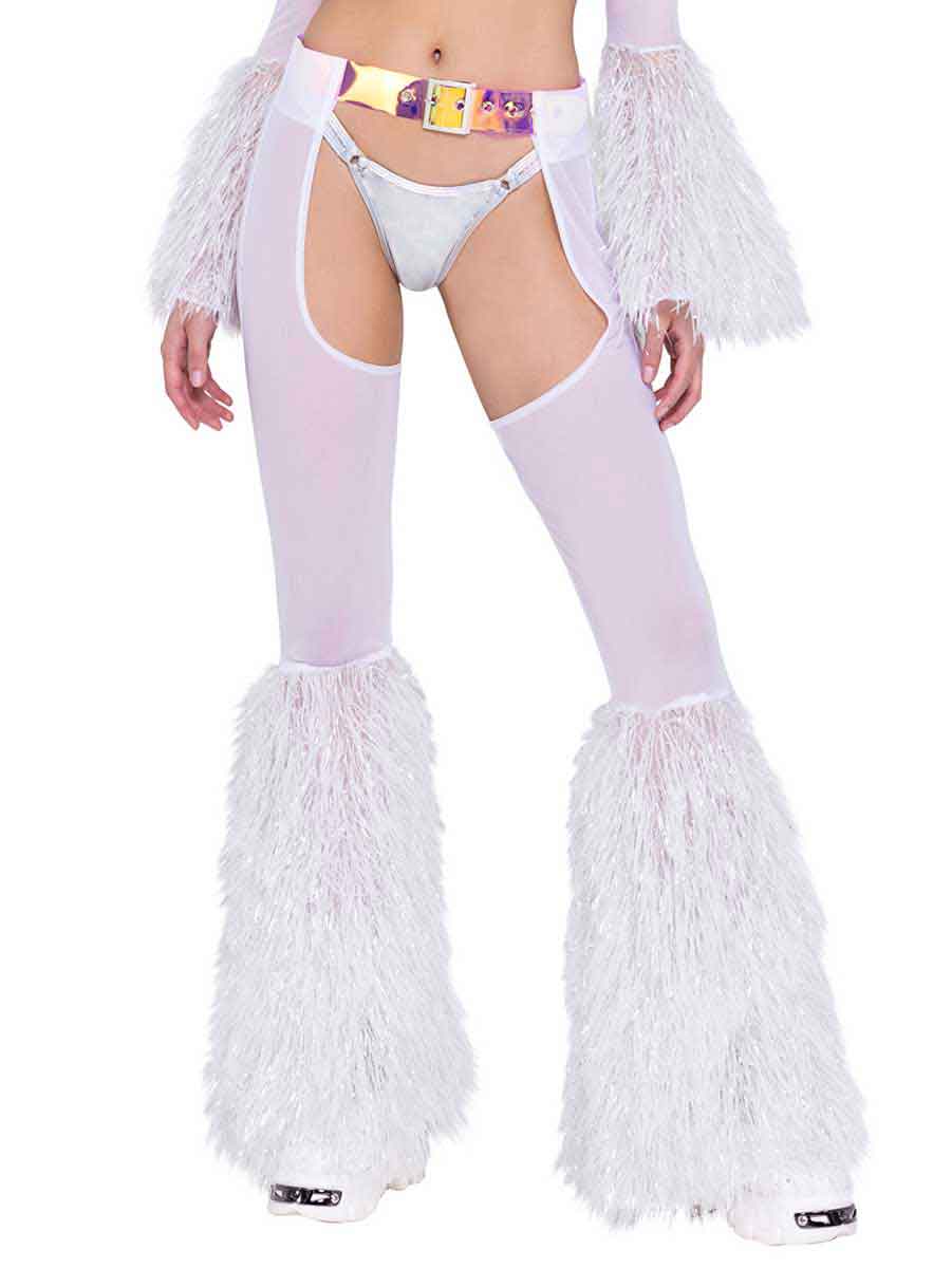 R-6248 White Sheer Chaps with Faux Fur Bell Chaps Roma   