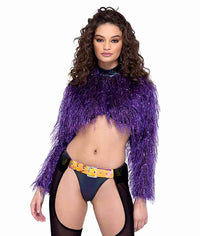 R-6250 Purple Long Sleeved Faux Fur Cropped Top Tops Roma   