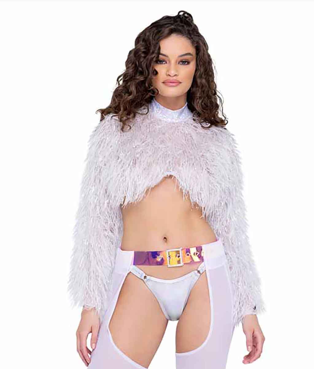 R-6250 White Long Sleeved Faux Fur Top Tops Roma   