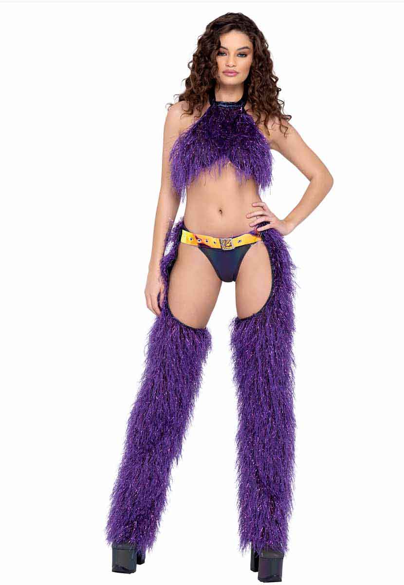 R-6251 Purple Faux-Fur Cropped Halter Neck Top Tops Roma   